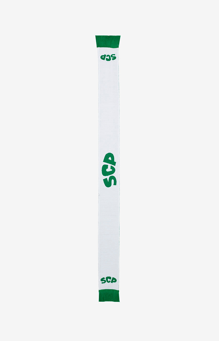 Cachecol Mini Branco do Sporting, esticado a mostrar as iniciais SCP em verde e riscas verdes nas pontas.