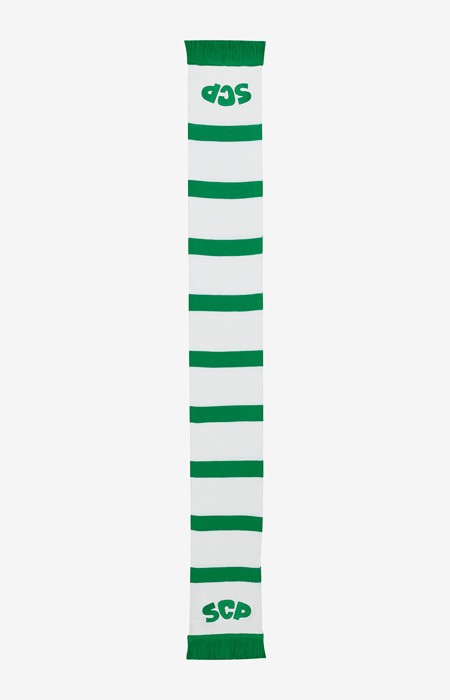 Cachecol Alta Definição Listado do Sporting, esticado a mostrar as riscas verdes e brancas e as iniciais SCP nas pontas.