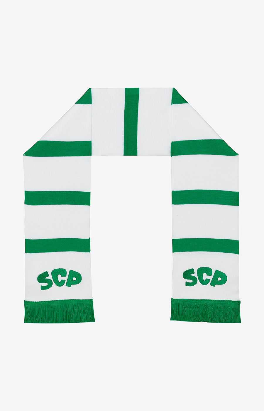Cachecol listado do Sporting dobrado ao meio, com as duas pontas à vista.