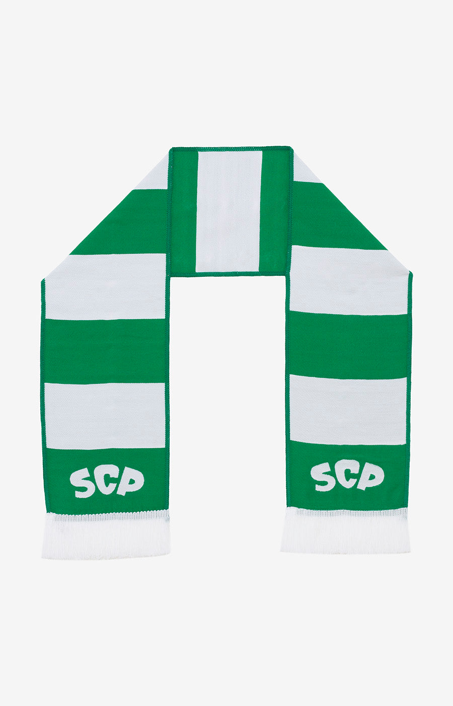 Frente e verso do Cachecol Alta Definição Listado do Sporting, em verde e branco.