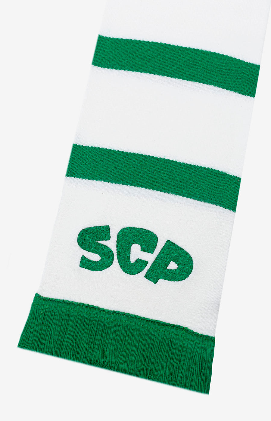 Pormenor das iniciais SCP em verde no Cachecol Alta Definição Listado do Sporting.