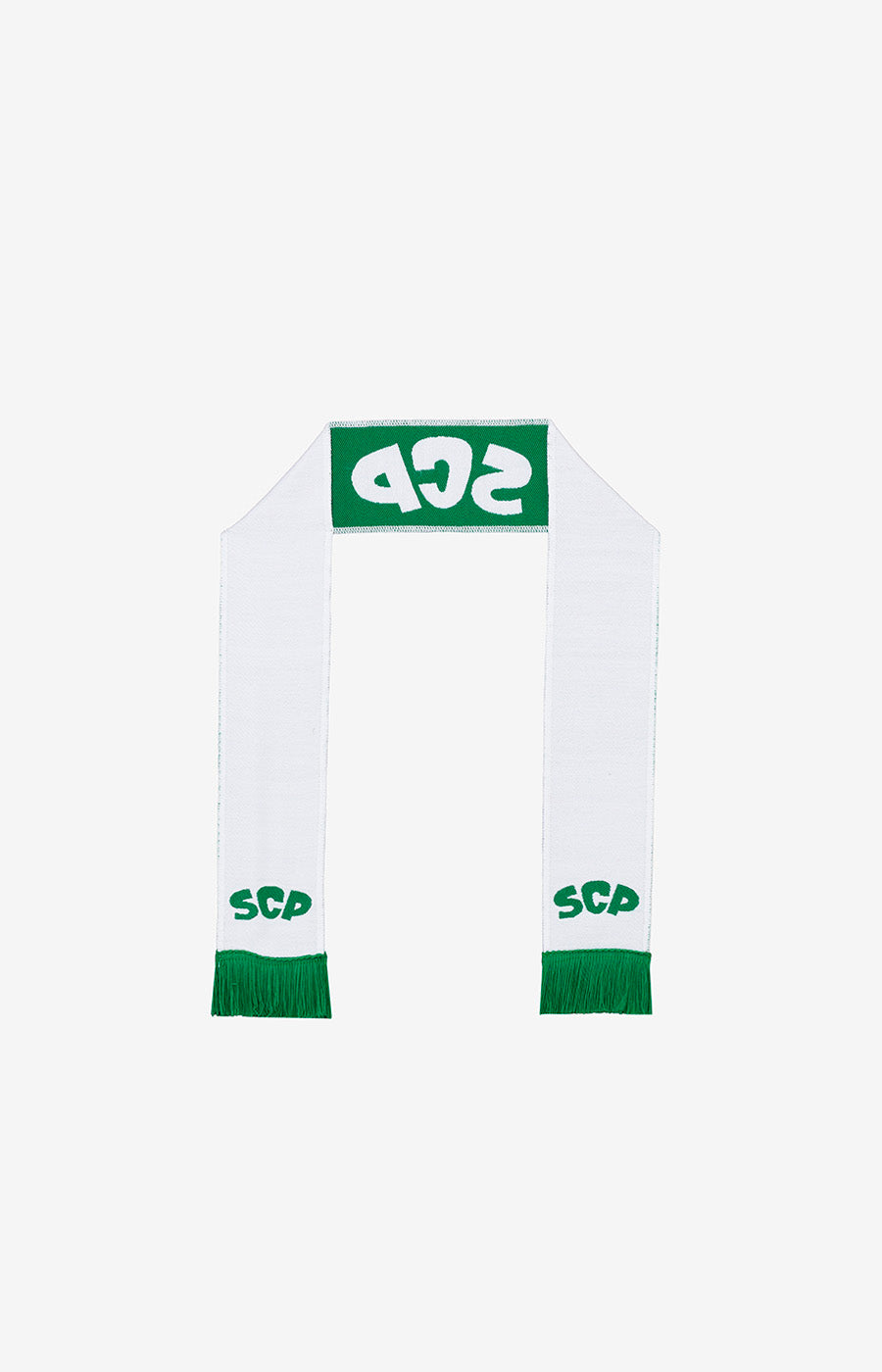 Cachecol Mini Branco do Sporting dobrado ao meio, com as duas pontas à vista.