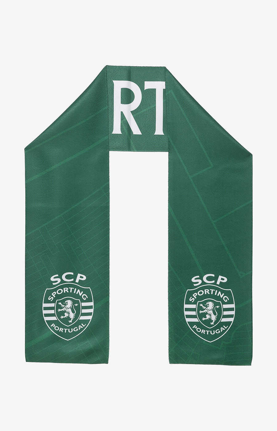 Frente e verso do Cachecol Personalizável do Sporting CP, com exemplo de personalização bordada.