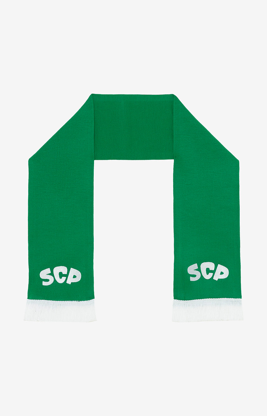 Cachecol Tricotado Verde do Sporting dobrado ao meio, com as duas pontas à vista.