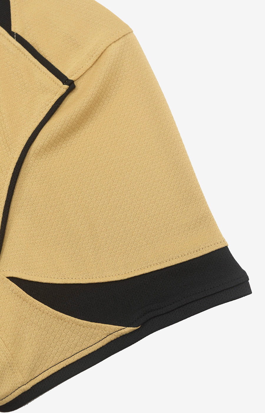 Close-up of the sleeve with black trim on the Sporting Women's Total 90 26/27 Gold Alternate Jersey.
