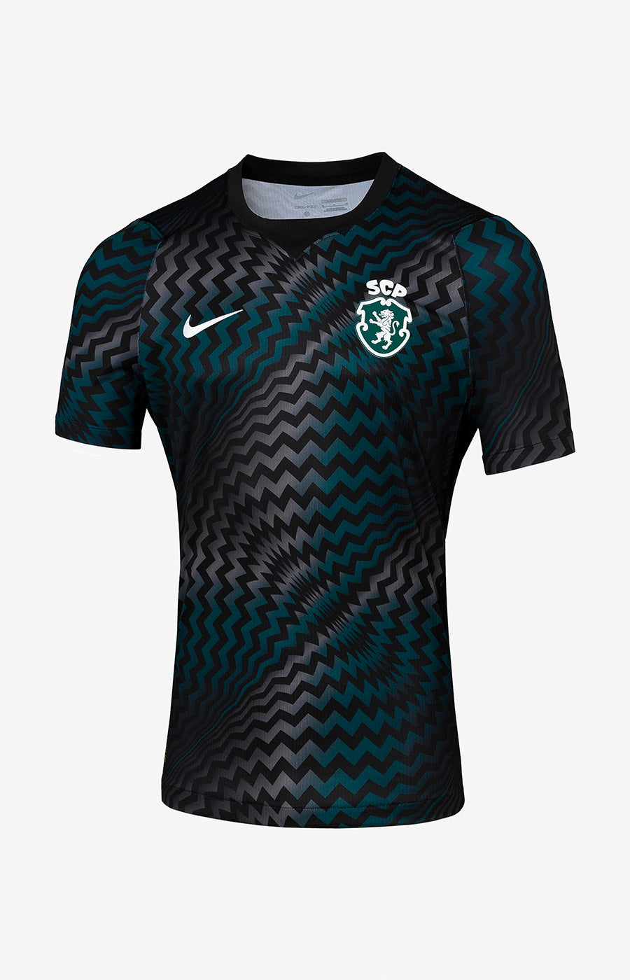 Camisola de guarda-redes preta do Sporting 26/27 sem publicidade, com padrão verde, emblema do clube e logótipo Nike.