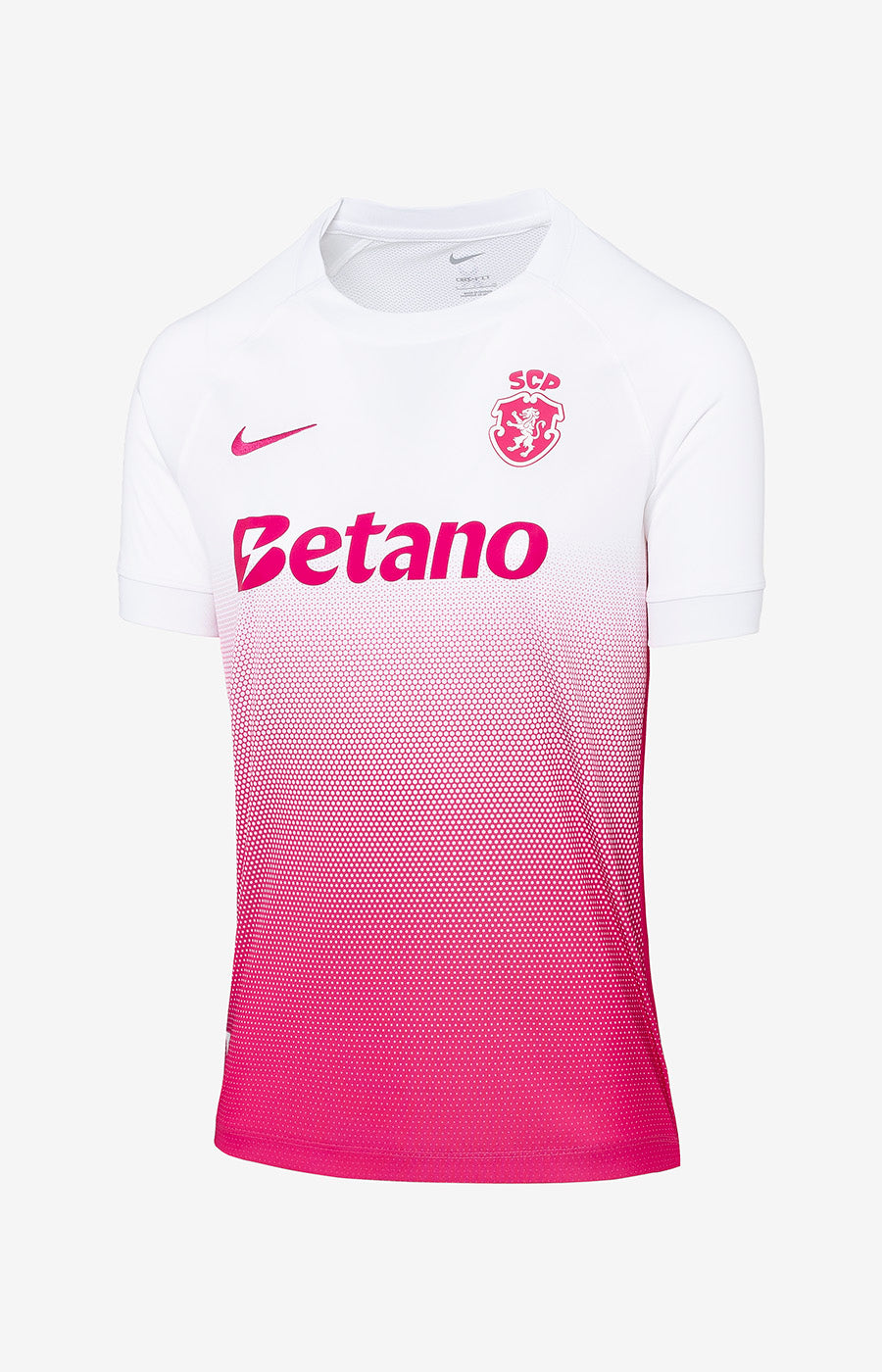 Camisola Pink October 26/27 de Mulher do Sporting, vista de frente em branco com degradê rosa e o emblema do clube em rosa.