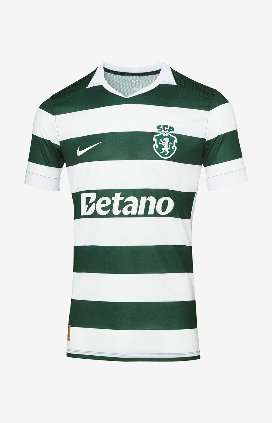 Sporting's 26/27 Home Jersey, featuring a green-and-white striped front and a crest on the chest.