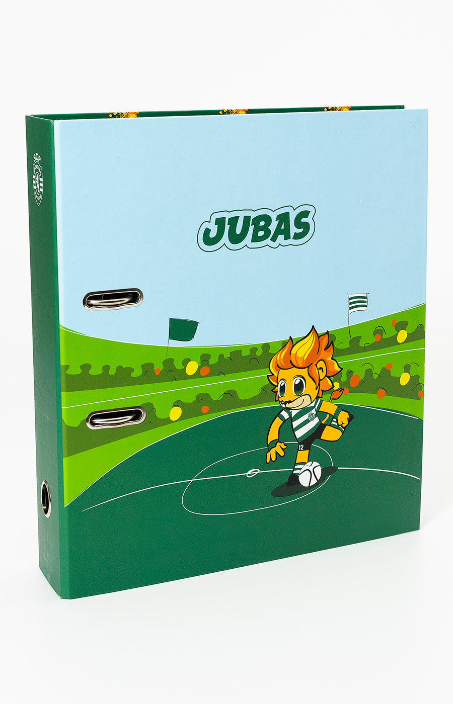 Capa Escolar A4 do Sporting com argolas, capa com o Jubas em campo de futebol e o nome da mascote no topo.