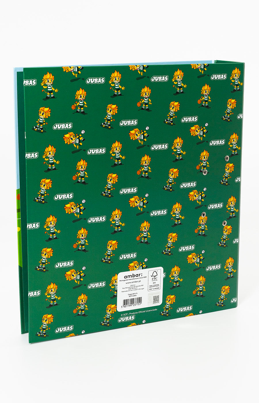 Verso da Capa Escolar A4 do Sporting, com padrão repetido do Jubas sobre fundo verde.