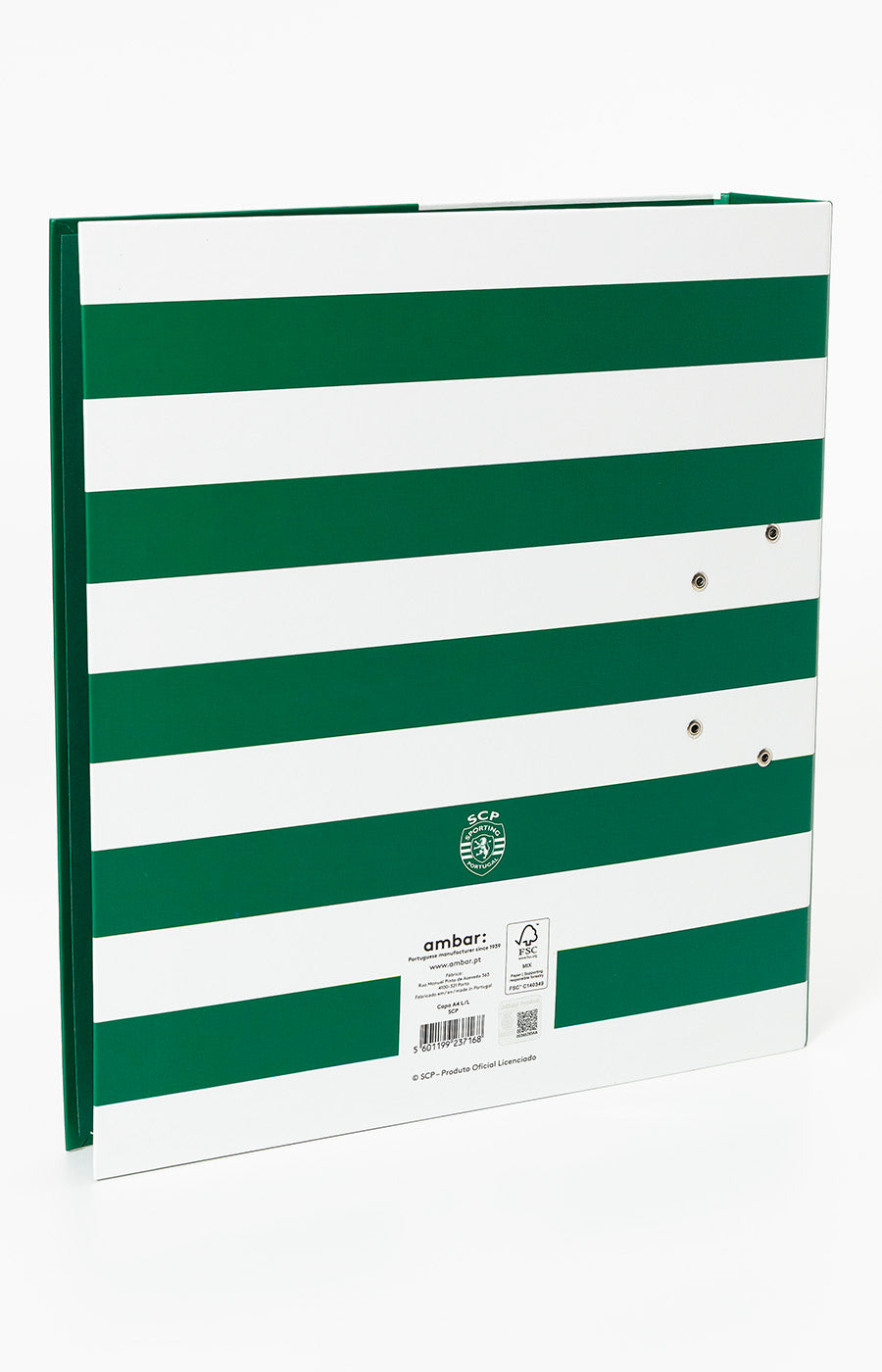 Verso da Capa Escolar A4 do Sporting, às riscas verdes e brancas.