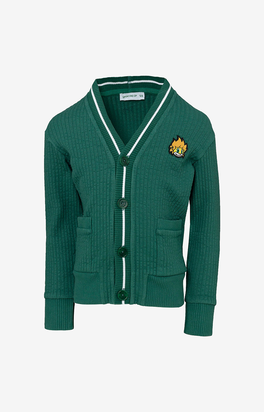 Cardigan verde Jubas do Sporting para criança, com gola em V, botões, detalhes brancos e aplicação da mascote no peito.
