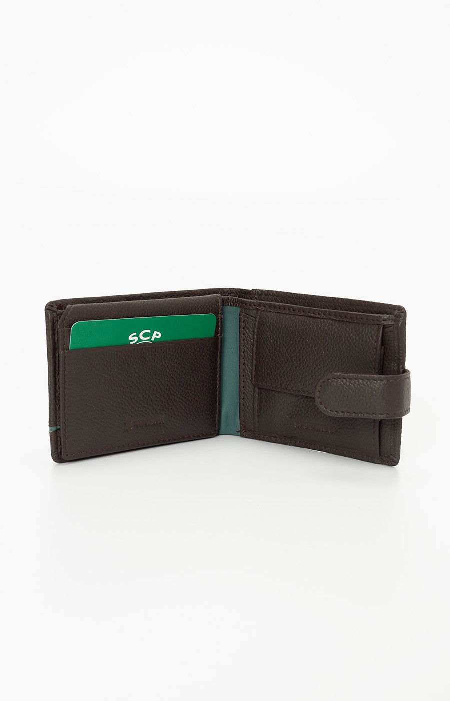 Sporting wallet, open-style, with a green and brown interior.