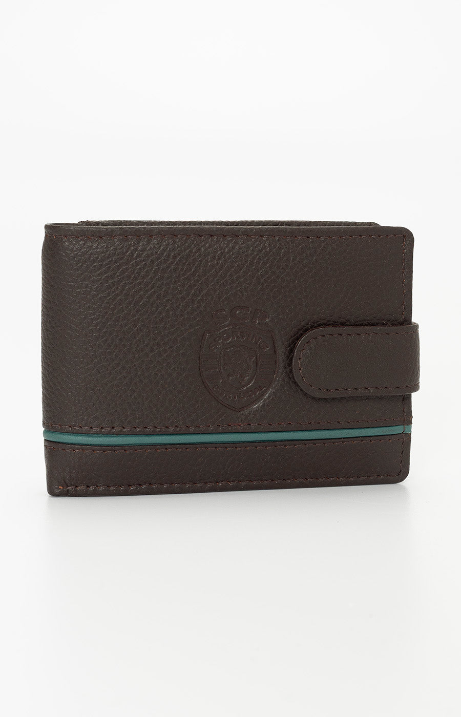Sporting wallet in brown with a green ribbon on the front, fastened with a flap.