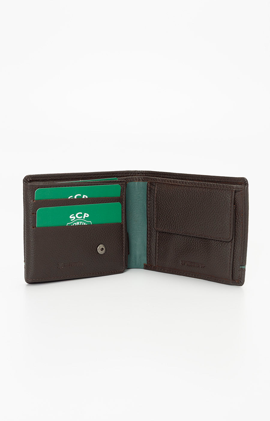 Sporting wallet, open-style, with a green interior and a central tab.