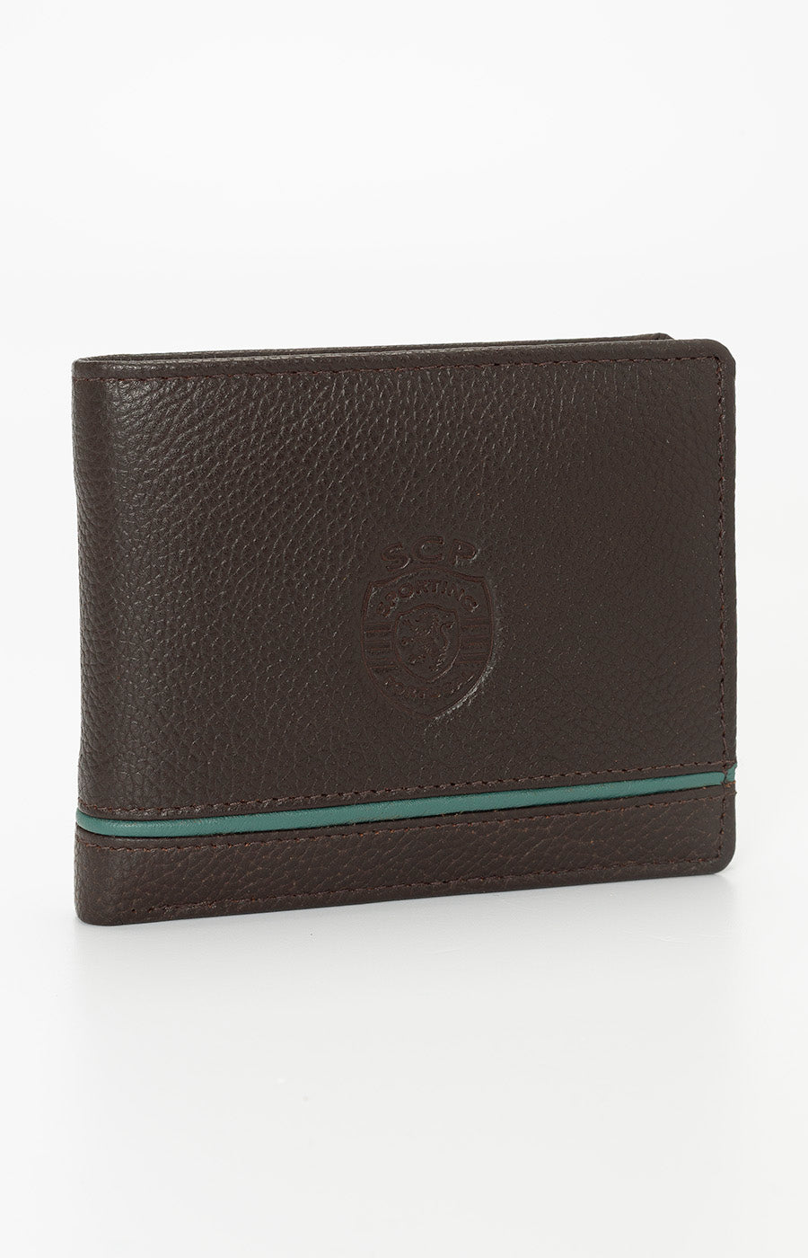 Sporting wallet in brown with a green ribbon on the front, closed.