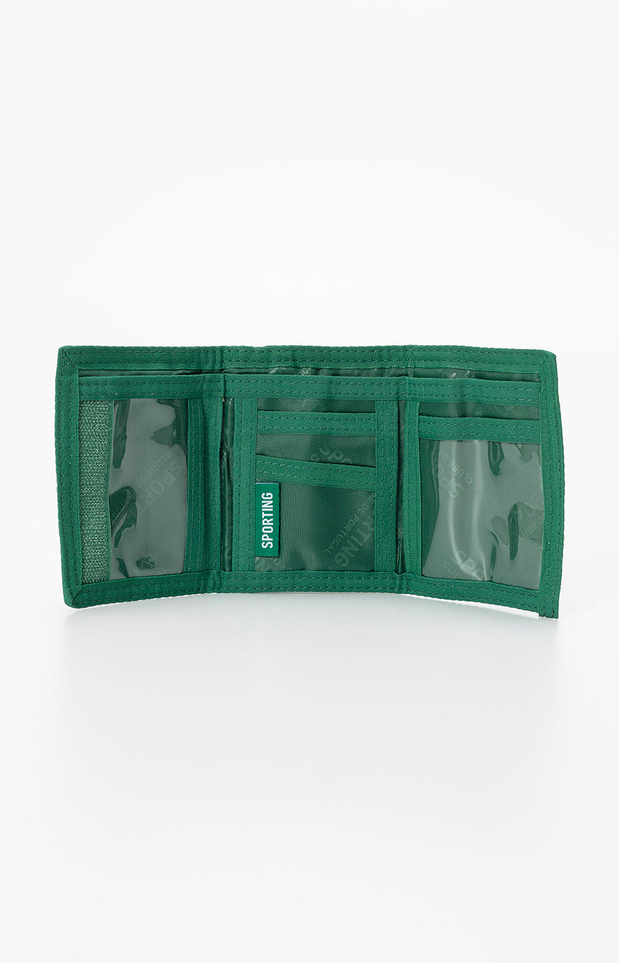 Carteira Velcro Escolar do Sporting aberta, com as divisórias interiores à vista.