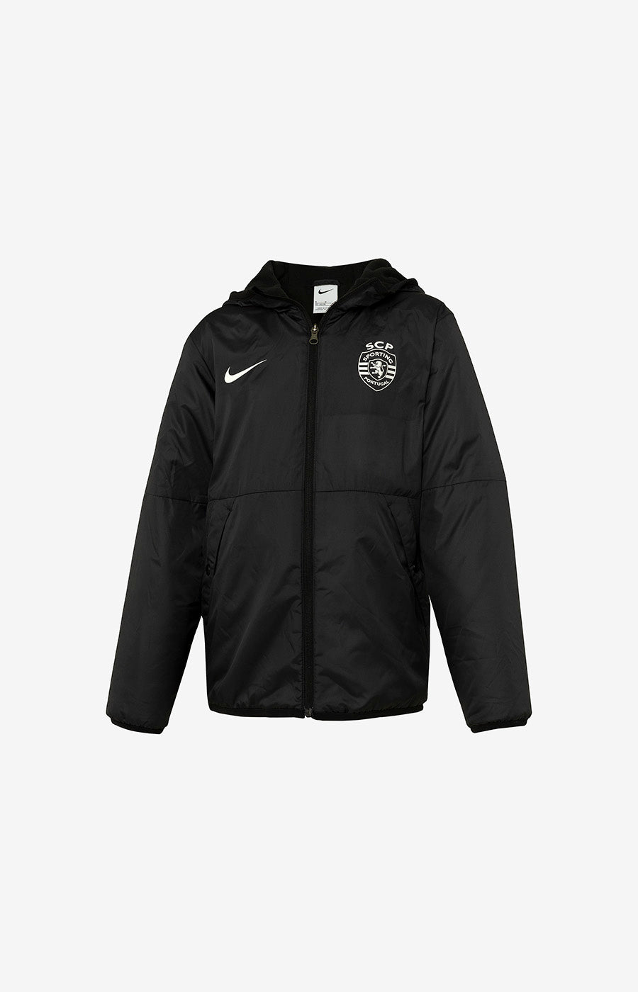 Casaco Bomber Preto do Sporting, vista de frente com capuz e o emblema do clube no peito.