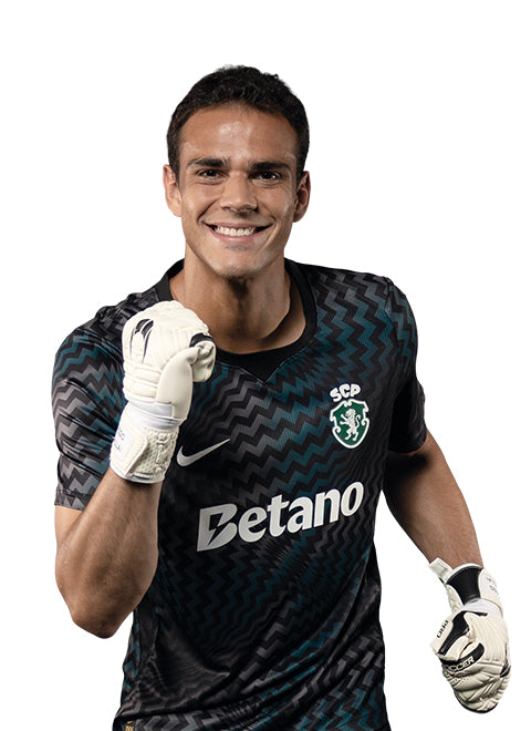 Diego Callai em pose de festejo, com o equipamento principal de guarda-redes 2026/27 do Sporting.