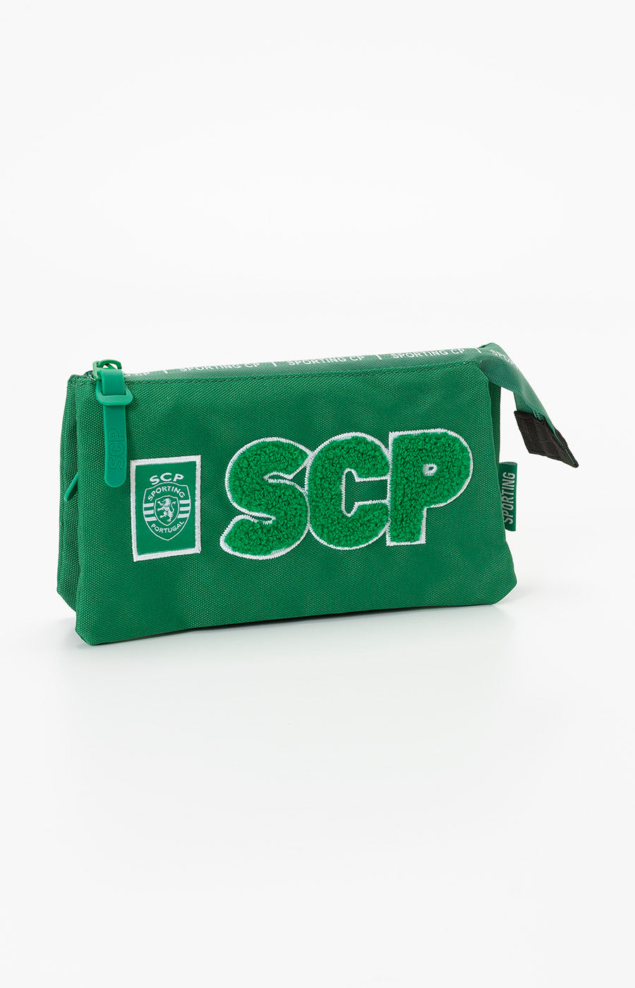 Estojo Retangular Escolar do Sporting, em verde com o emblema e as iniciais SCP na frente.