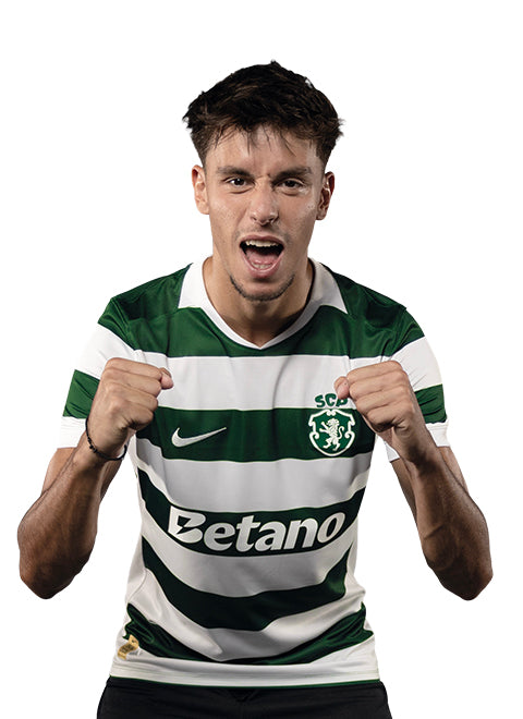 Georgios Vagiannidis em pose de festejo, com o equipamento principal 2026/27 do Sporting.