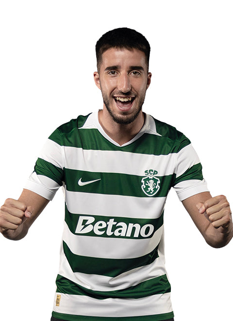 Gonçalo Inácio em pose de festejo, com o equipamento principal 2026/27 do Sporting.