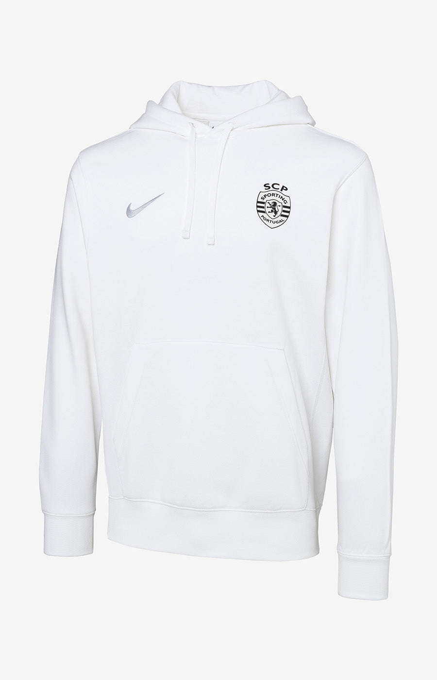 Hoody Branco do Sporting, vista de frente com capuz de cordões e o emblema do clube no peito.