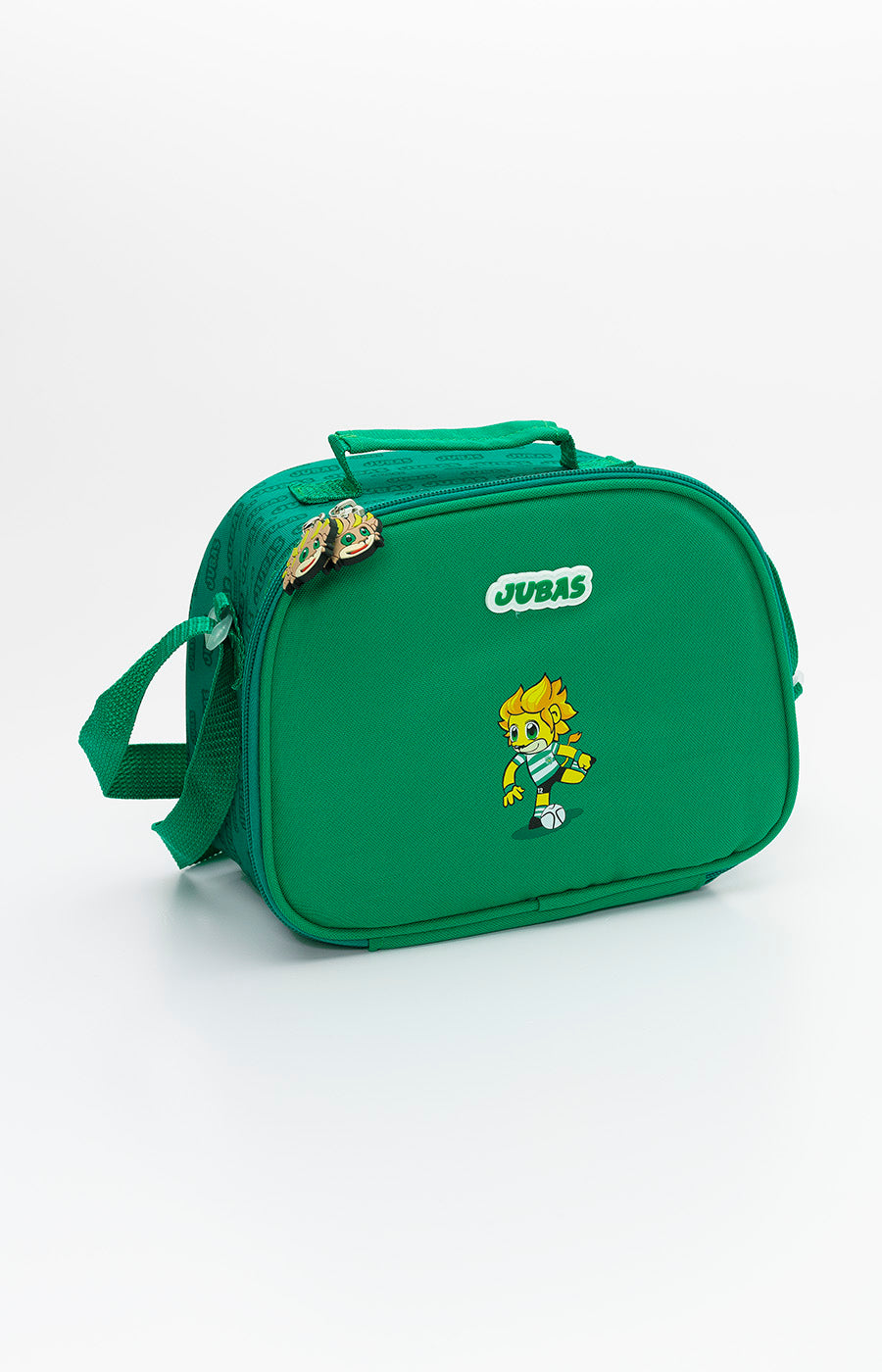 Lancheira Escolar Jubas do Sporting em verde, com o Jubas aplicado na frente, pega superior e alça de ombro.