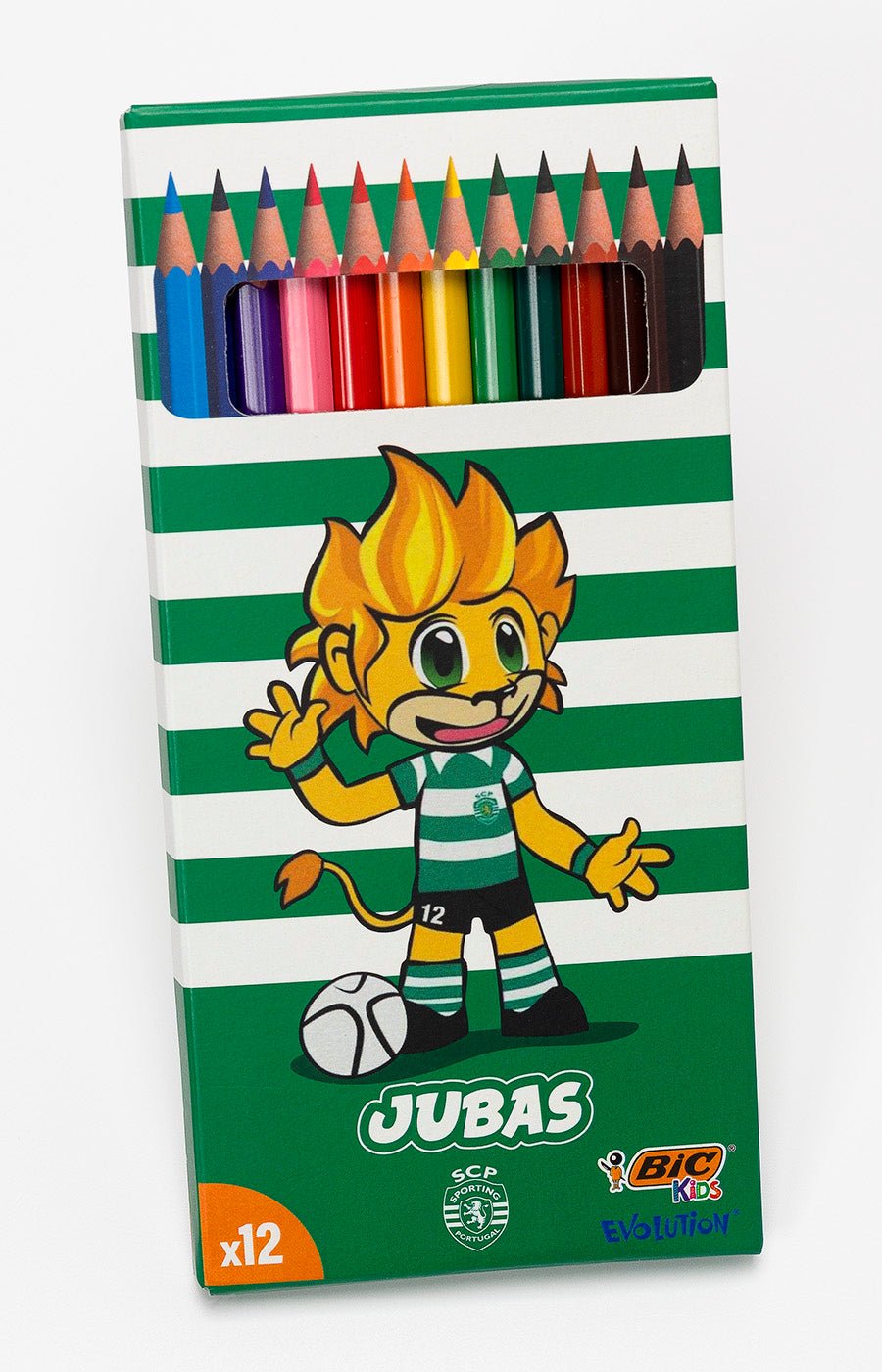 Embalagem de 12 lápis de cor BIC Kids Evolution do Sporting, às riscas verdes e brancas, com ilustração do Jubas.