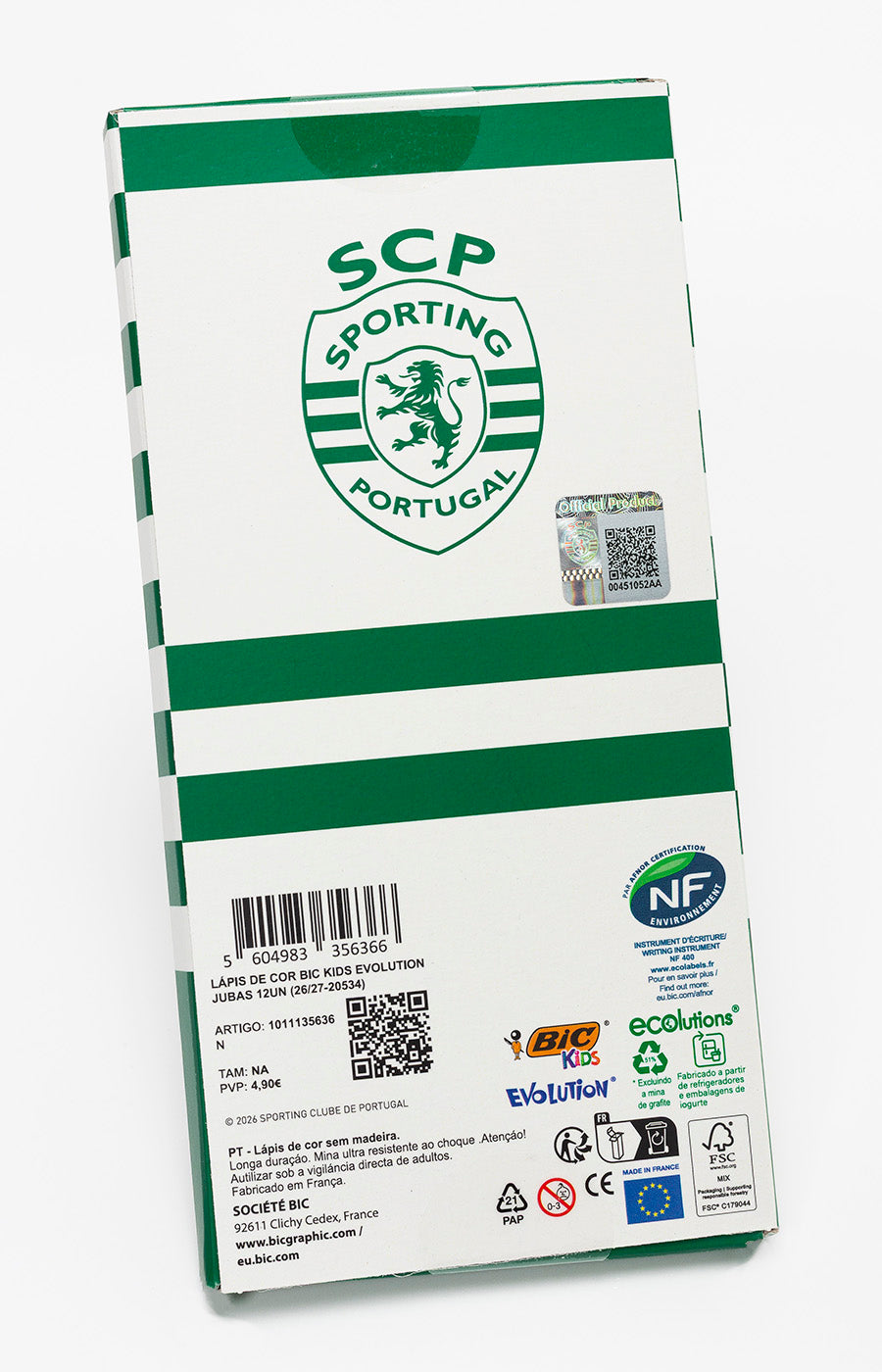 Verso da embalagem dos 12 lápis de cor BIC Kids Evolution Jubas do Sporting, com emblema do clube e informações do produto.