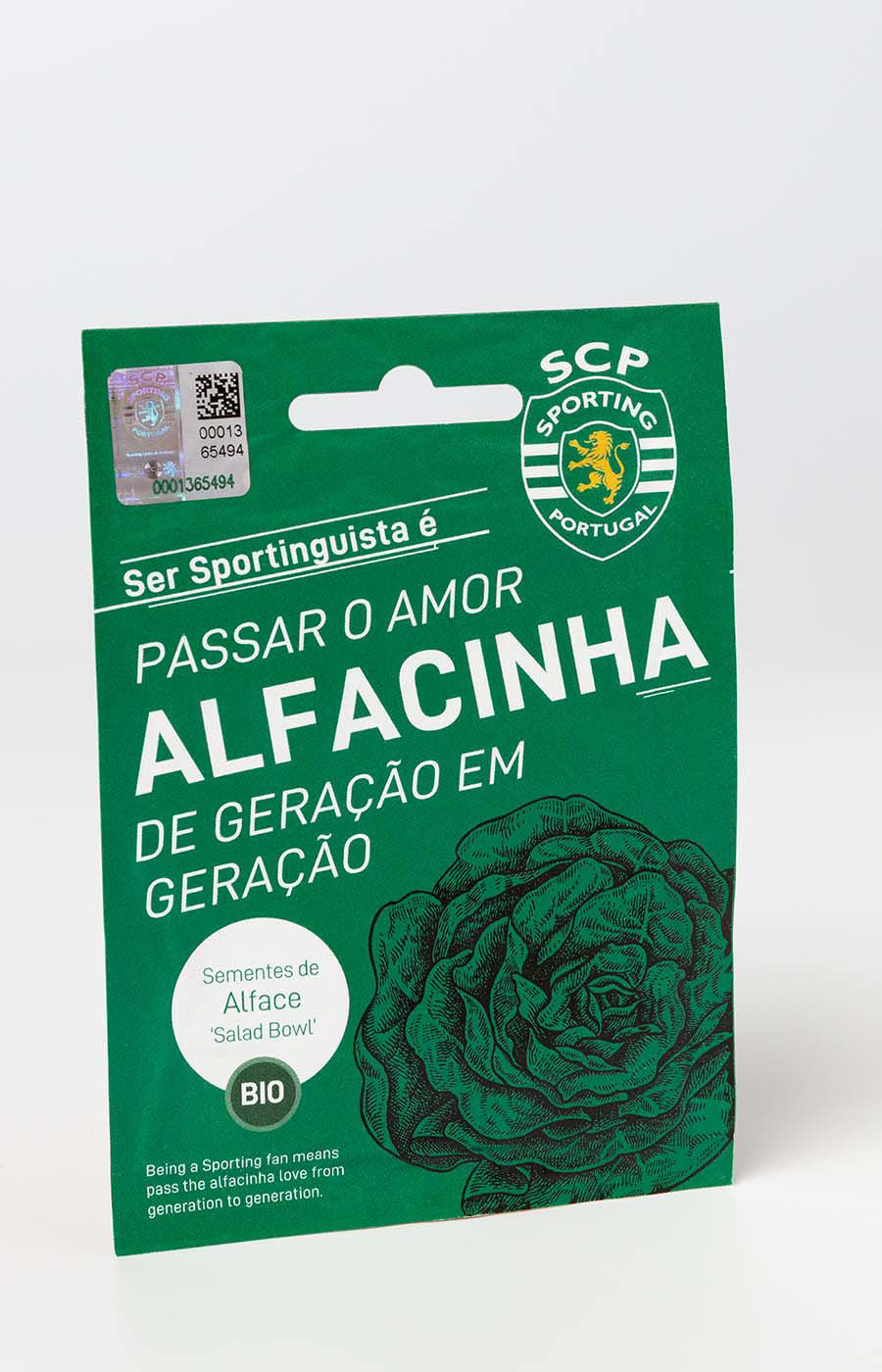 Saqueta de sementes biológicas de alface do Sporting CP com design verde e mensagem Alfacinha.