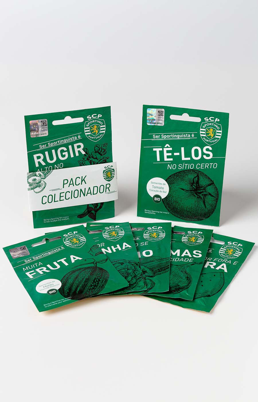 Pack Colecionador de Sementes Bio do Sporting CP, composto por sete saquetas verdes com diferentes variedades.