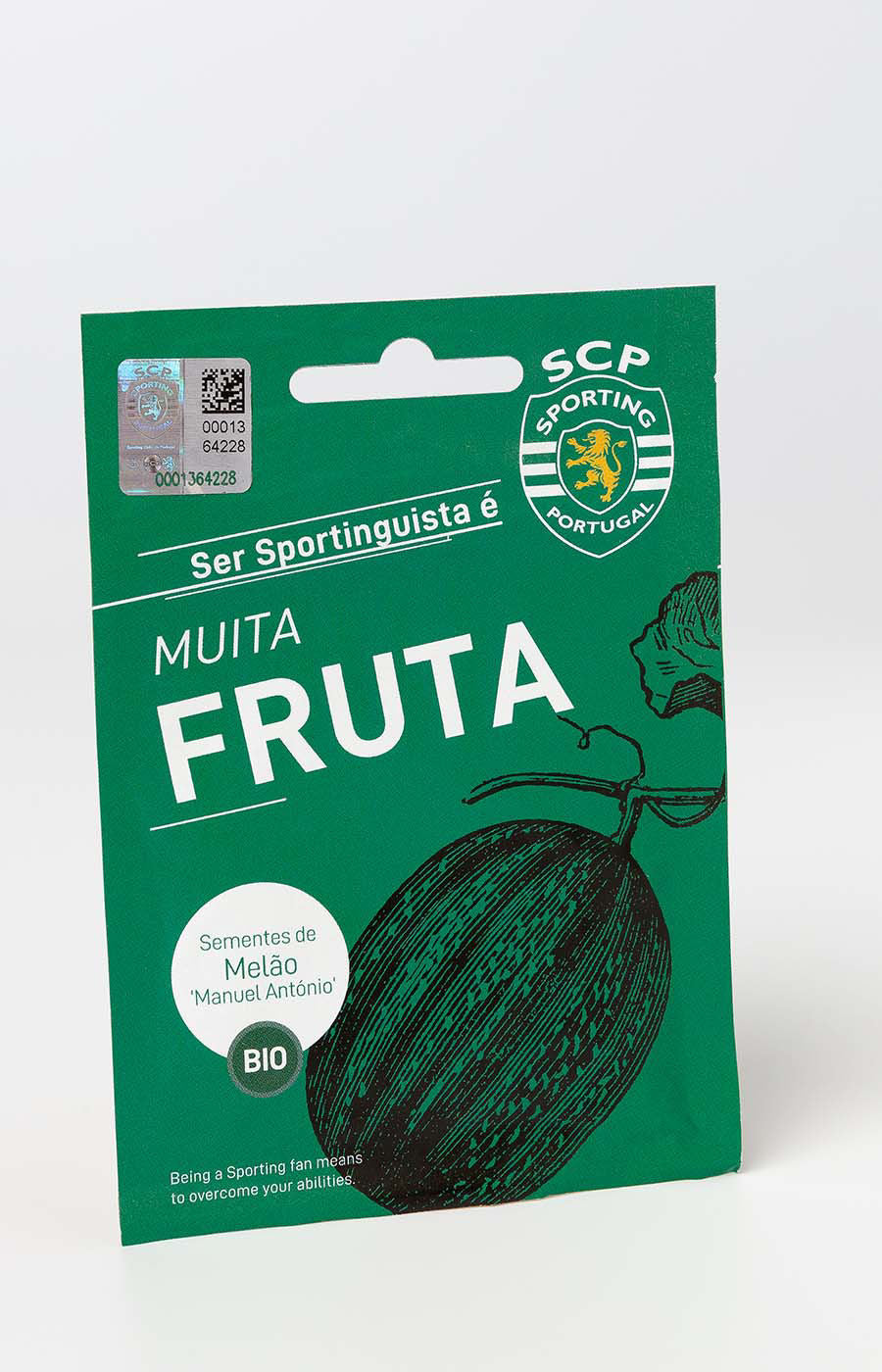 Saqueta de sementes biológicas do Sporting CP com design verde, ilustração de melancia e mensagem Fruta.