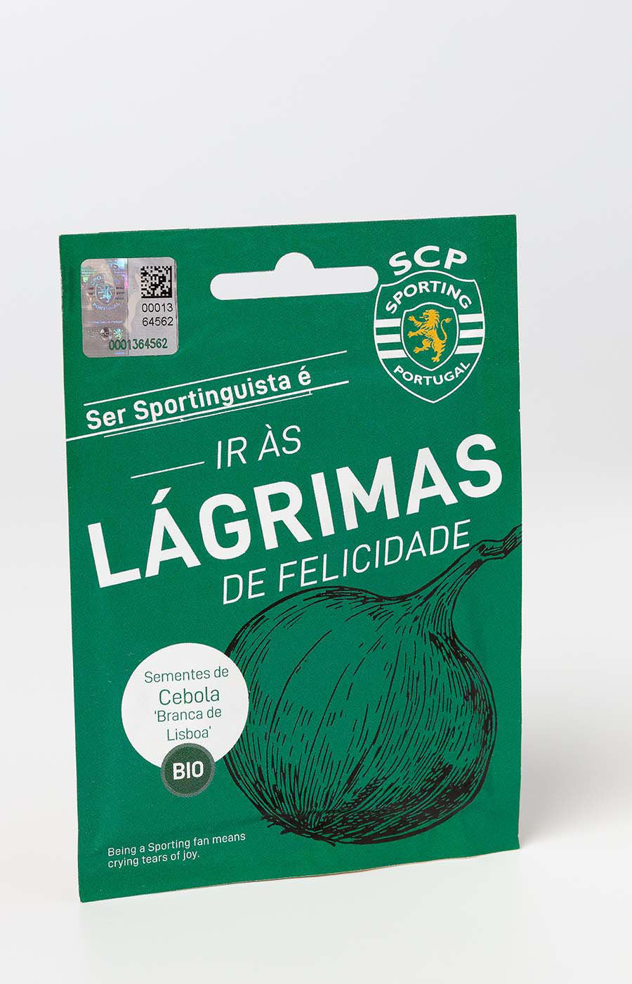 Saqueta de sementes biológicas de cebola do Sporting CP com design verde e mensagem Lágrimas.