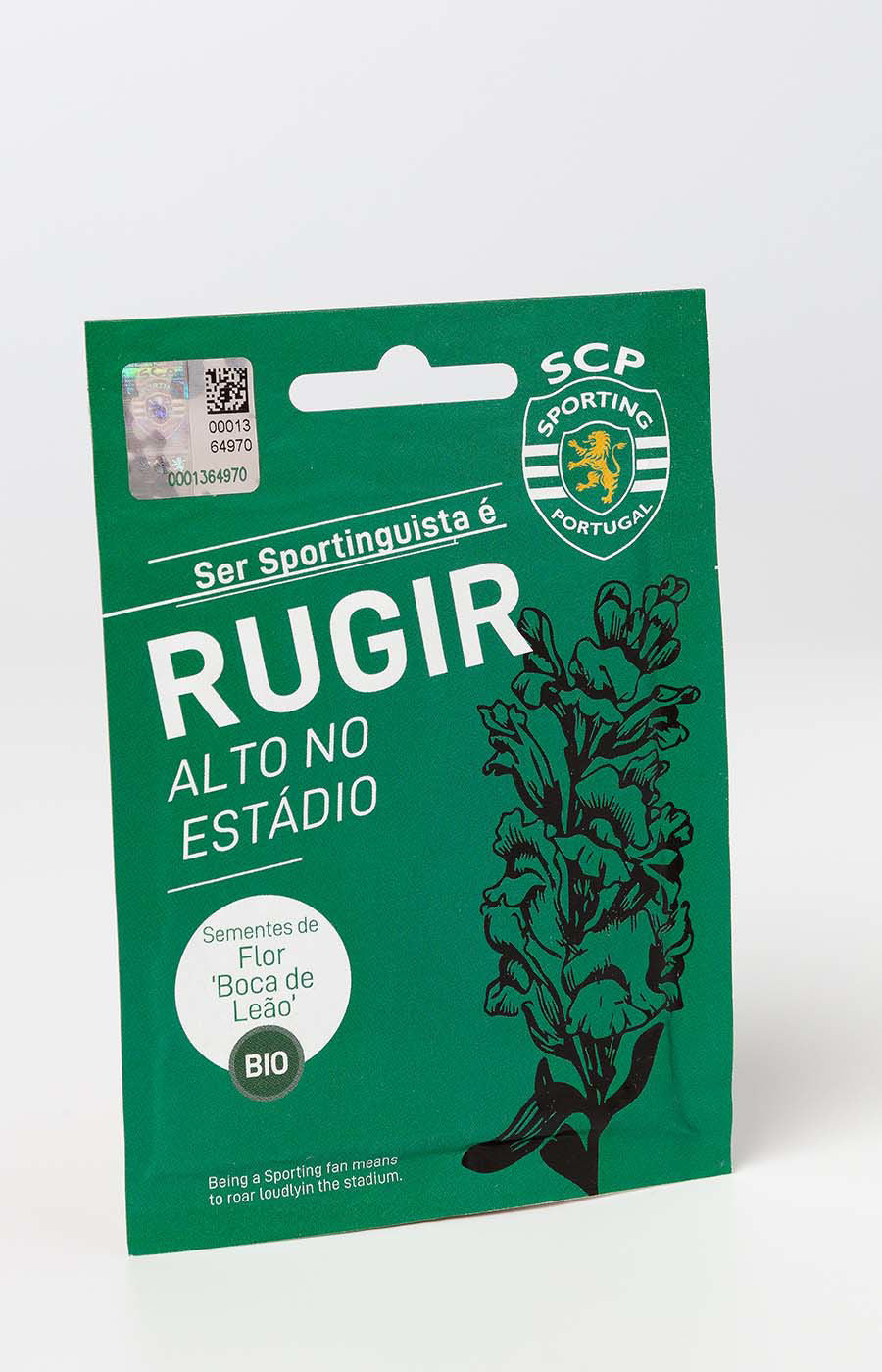 Saqueta de sementes biológicas do Sporting CP com design verde e mensagem Rugir.