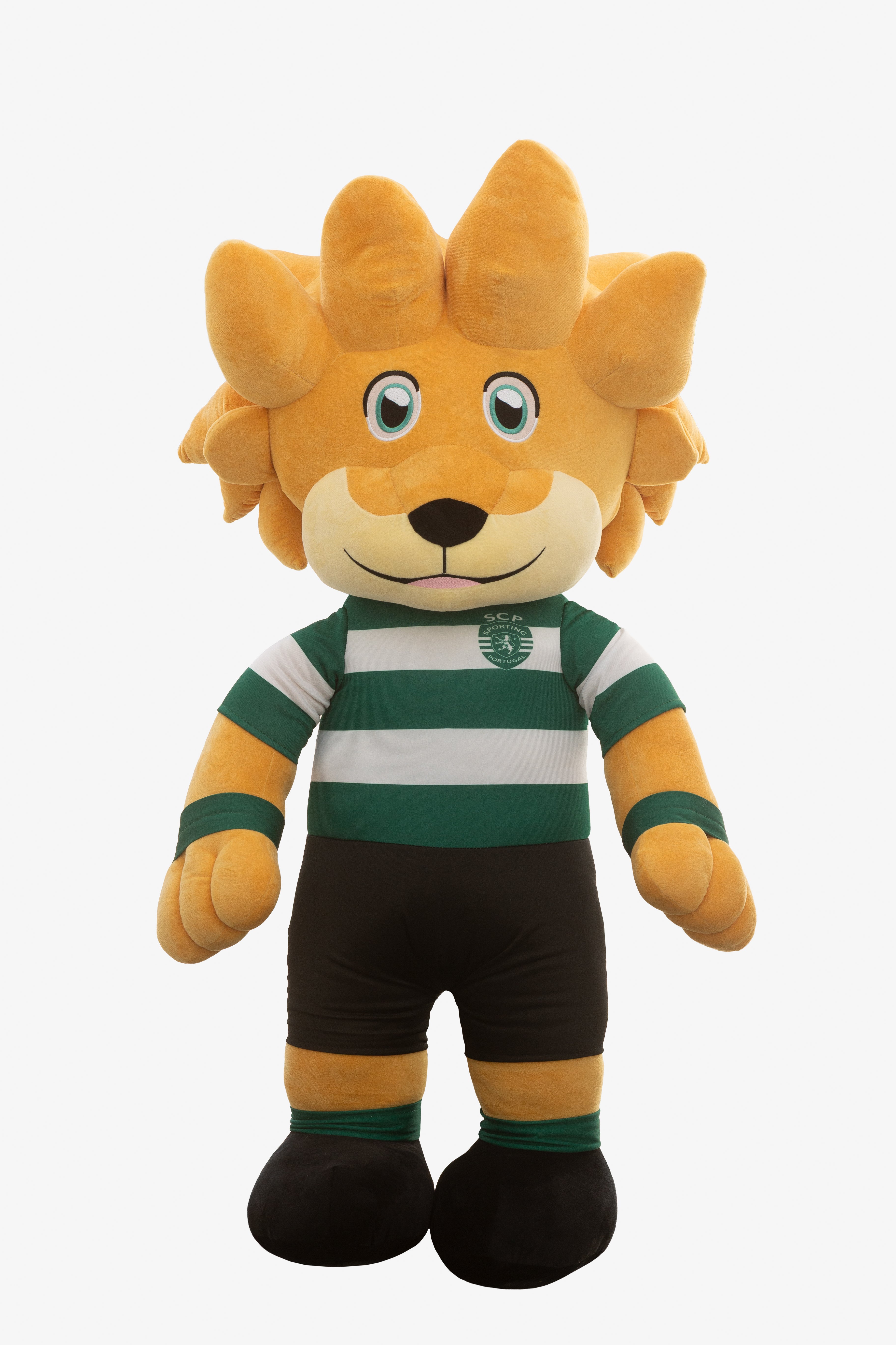 Peluche Jubas Grande do Sporting, mascote em corpo inteiro com camisola às riscas verdes e brancas e calções pretos.