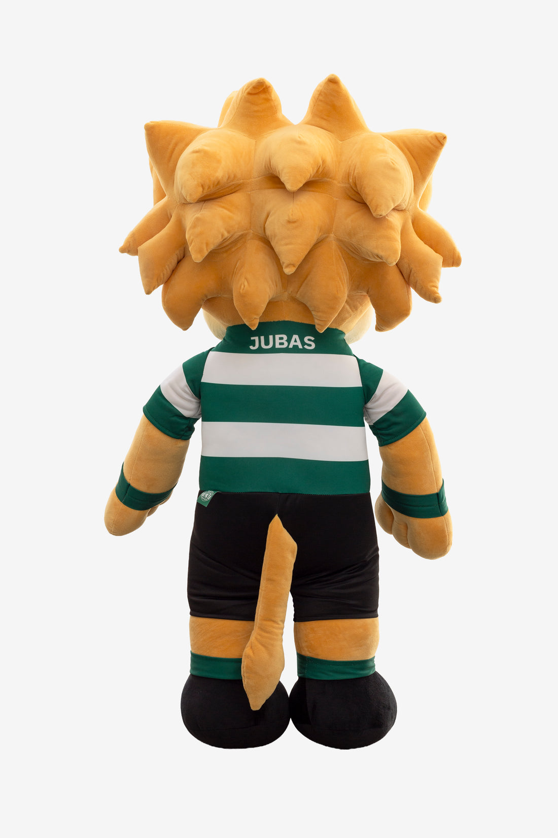 Peluche Jubas Grande do Sporting visto de costas, com o nome Jubas na camisola às riscas verdes e brancas.