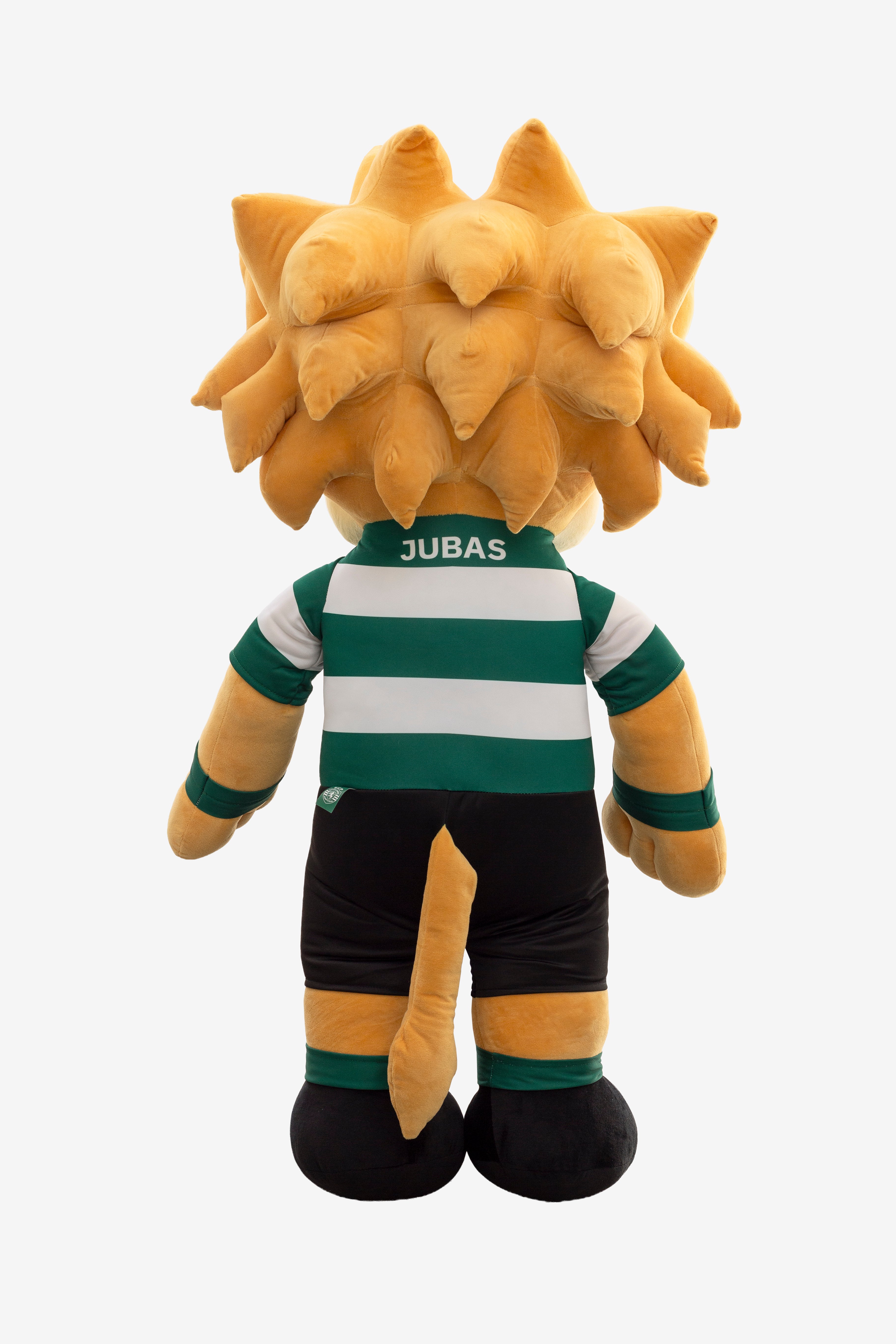 Peluche Jubas Grande do Sporting visto de costas, com o nome Jubas na camisola às riscas verdes e brancas.