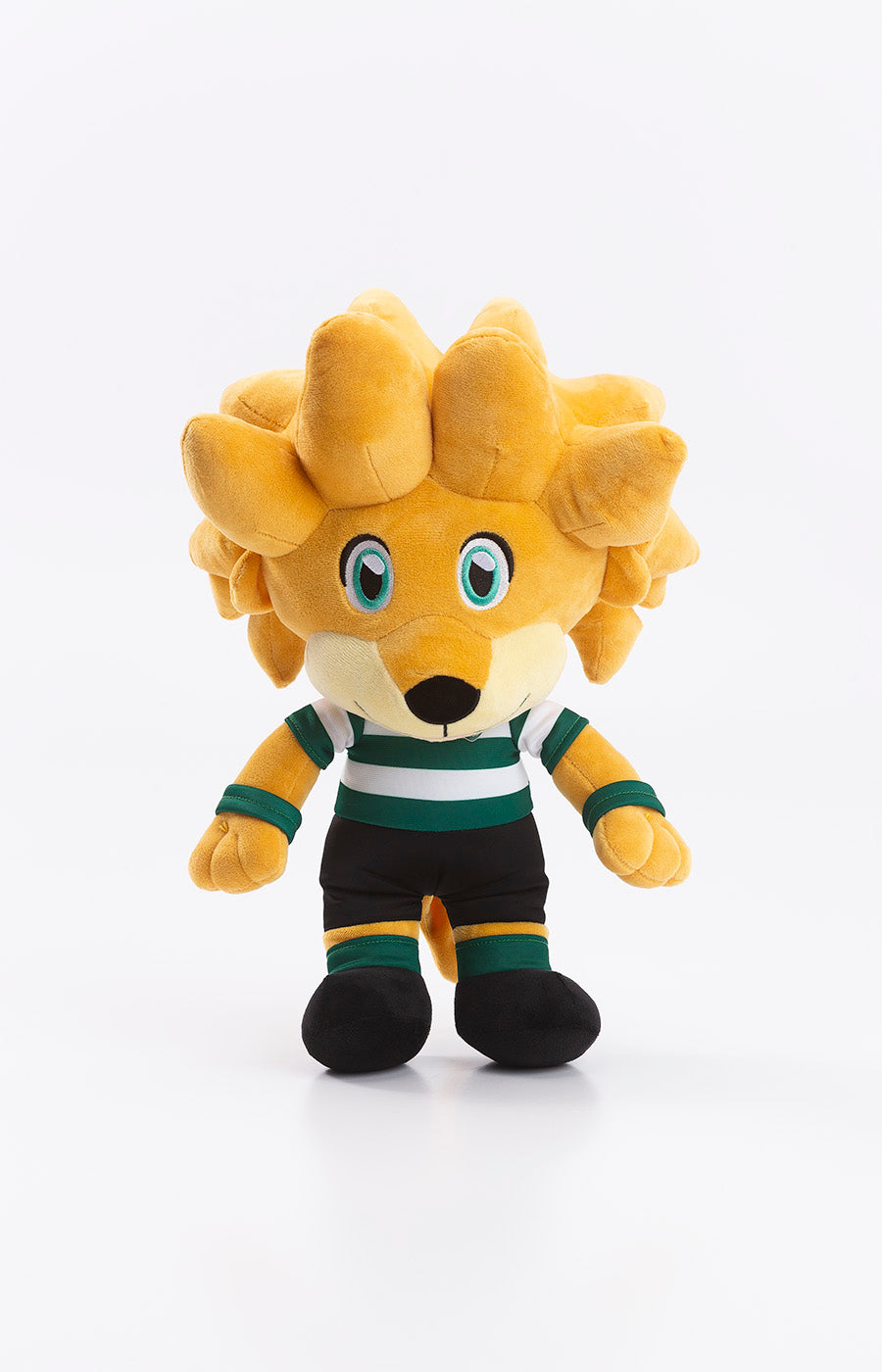Peluche Jubas Médio do Sporting, mascote sentada com camisola às riscas verdes e brancas.