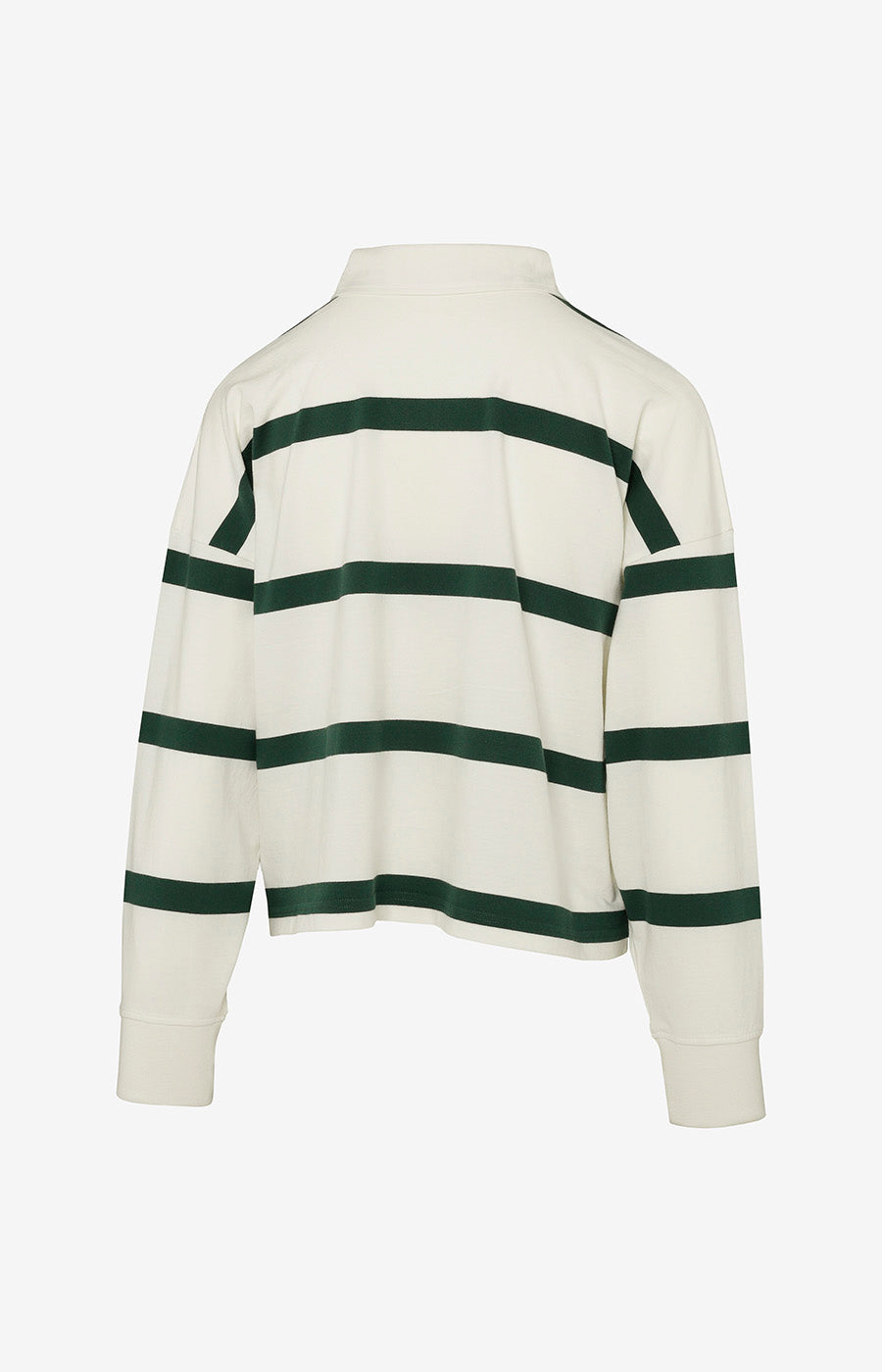 Polo Listado Leão de Mulher do Sporting visto de costas, com riscas horizontais verdes.