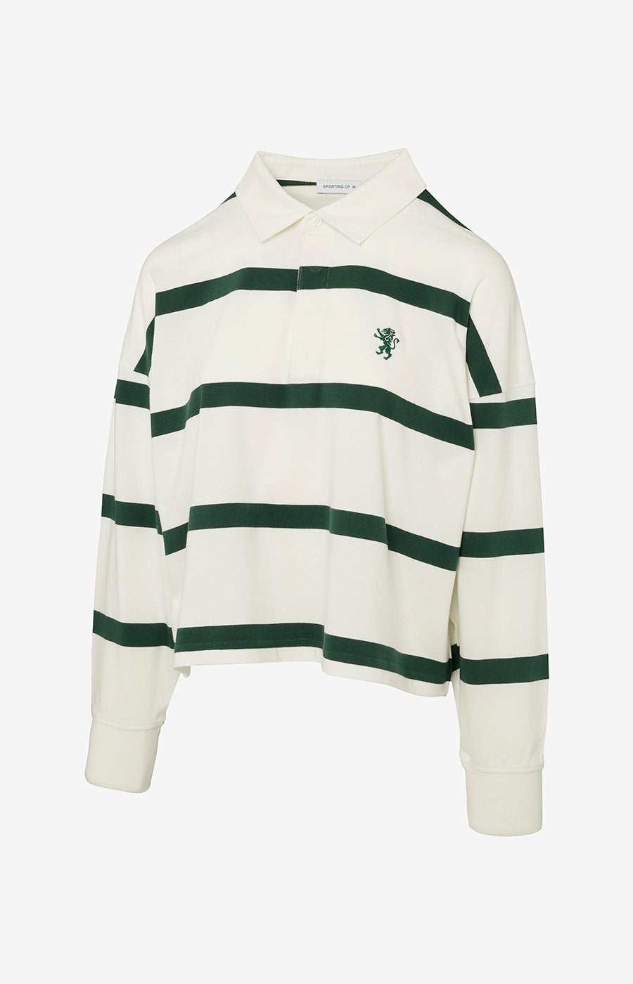 Polo Manga Comprida Listado Leão de Mulher do Sporting, vista de frente em branco cru com riscas verdes.