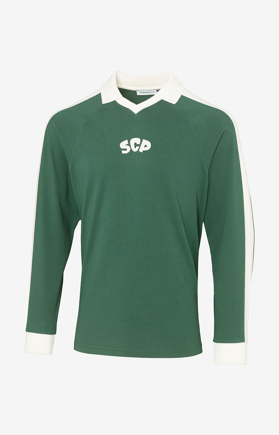 Polo Manga Comprida Verde Escuro do Sporting, frente com gola branca e SCP aplicado ao peito.