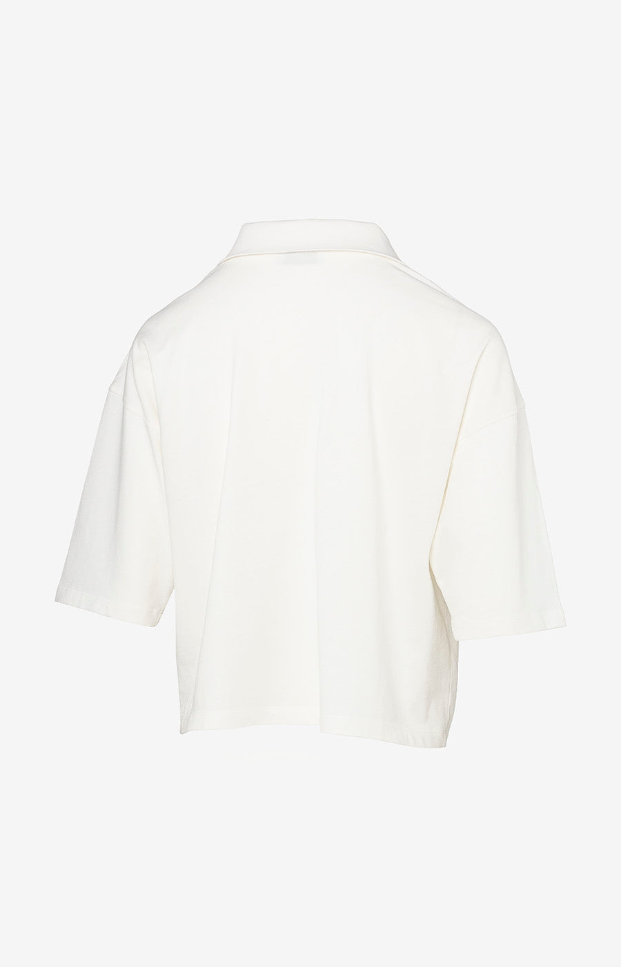 Polo Zip Branco Retro de mulher do Sporting dobrado, visto de costas, em branco.