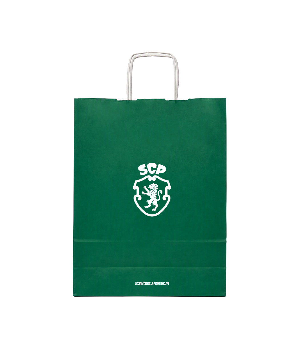 Vista frontal do saco de papel verde do Sporting, com emblema do clube e asas retorcidas.