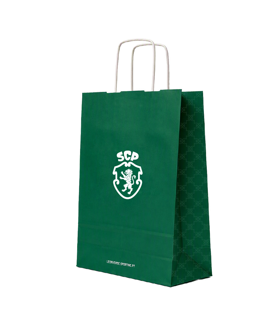 Saco de papel verde do Sporting, com emblema do clube e asas retorcidas, visto em perspetiva.