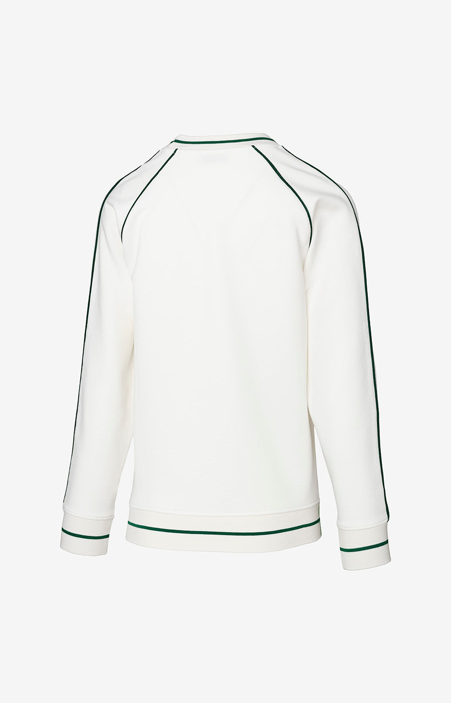 Vista de costas da Sweatshirt Branca Retro do Sporting, com detalhes verdes na gola, nos punhos e na cintura.