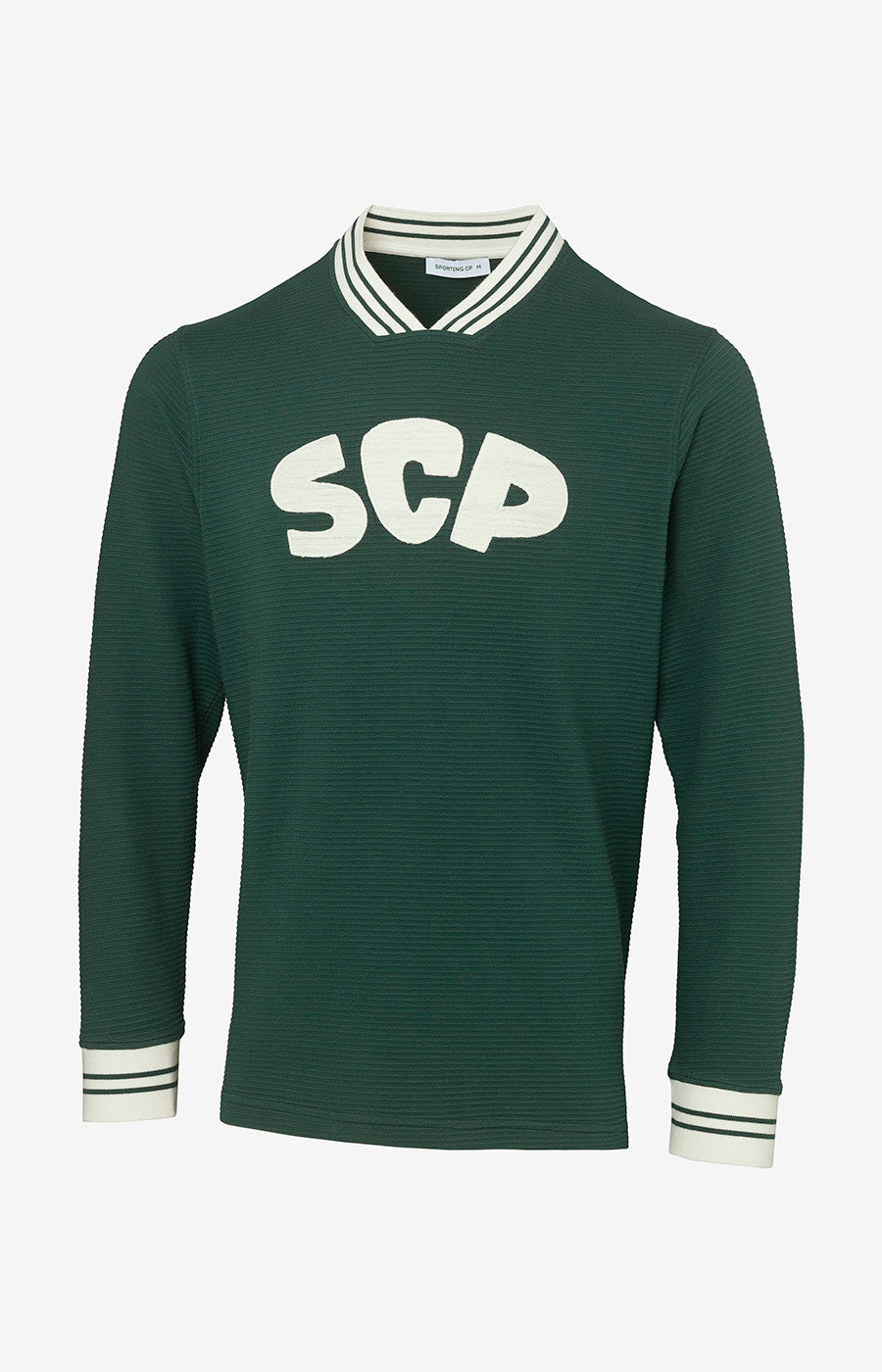 Sweatshirt Verde do Sporting, frente em verde com SCP em letras grandes e riscas nos punhos e gola.