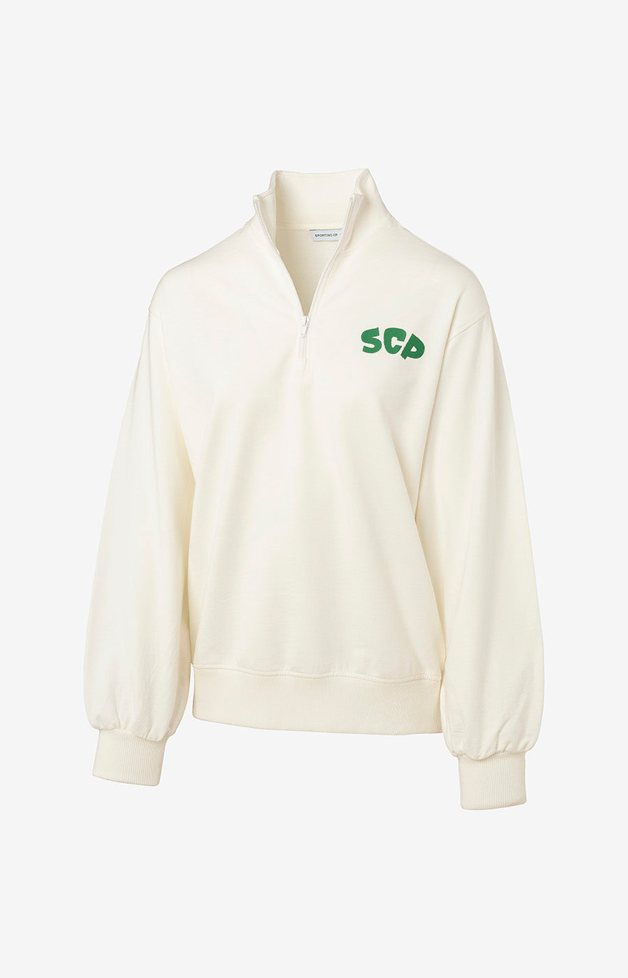 Sweatshirt Zip Branca de Mulher do Sporting, vista de frente em branco cru com as iniciais SCP em verde no peito.