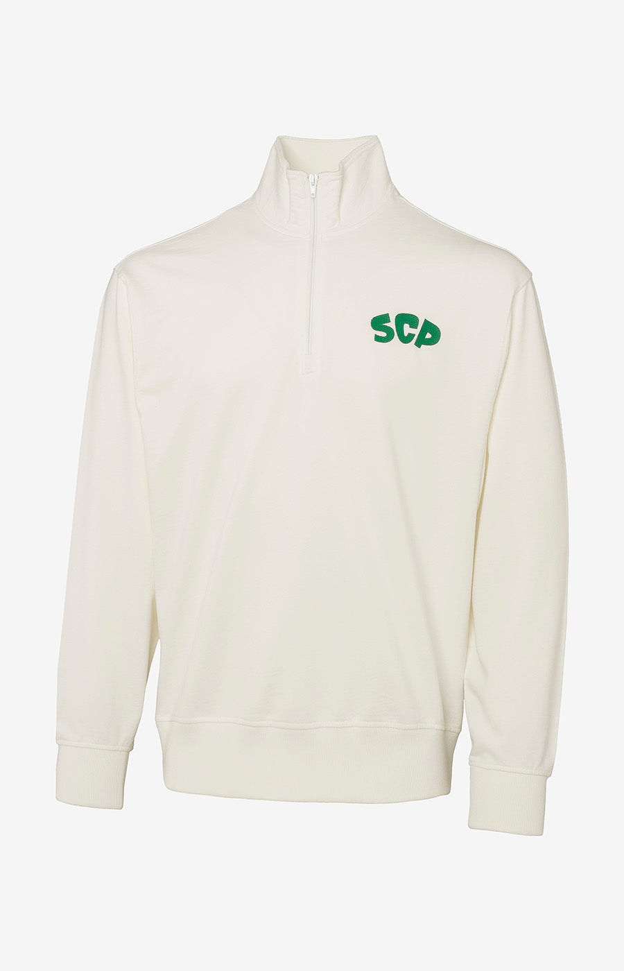 Sweatshirt Zip Branca do Sporting, frente em creme com gola alta e SCP verde ao peito.