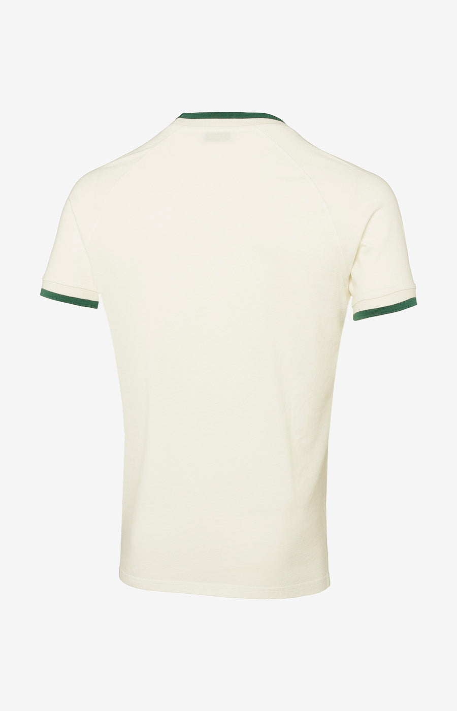 T-shirt Branca Retro do Sporting vista de costas, lisa com remates verdes nas mangas.